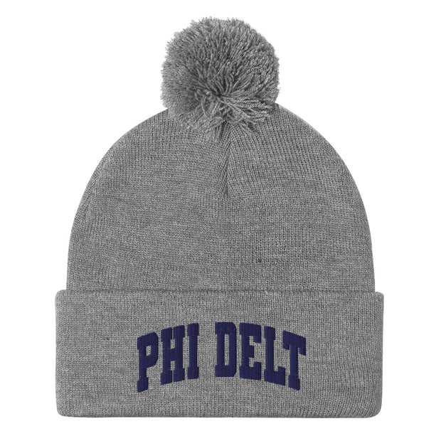 Phi Delt Letters Pom-Pom Beanie in Heather Grey
